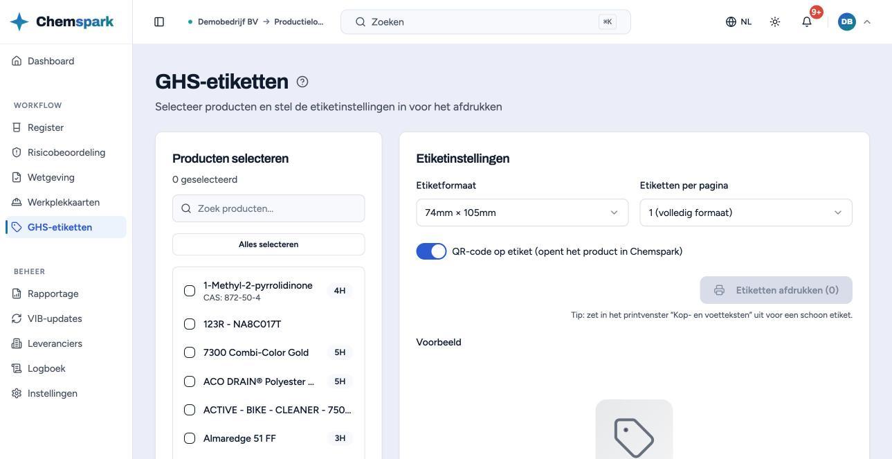 GHS-etiketten: links de producten, rechts het formaat, het aantal per pagina en het voorbeeld.