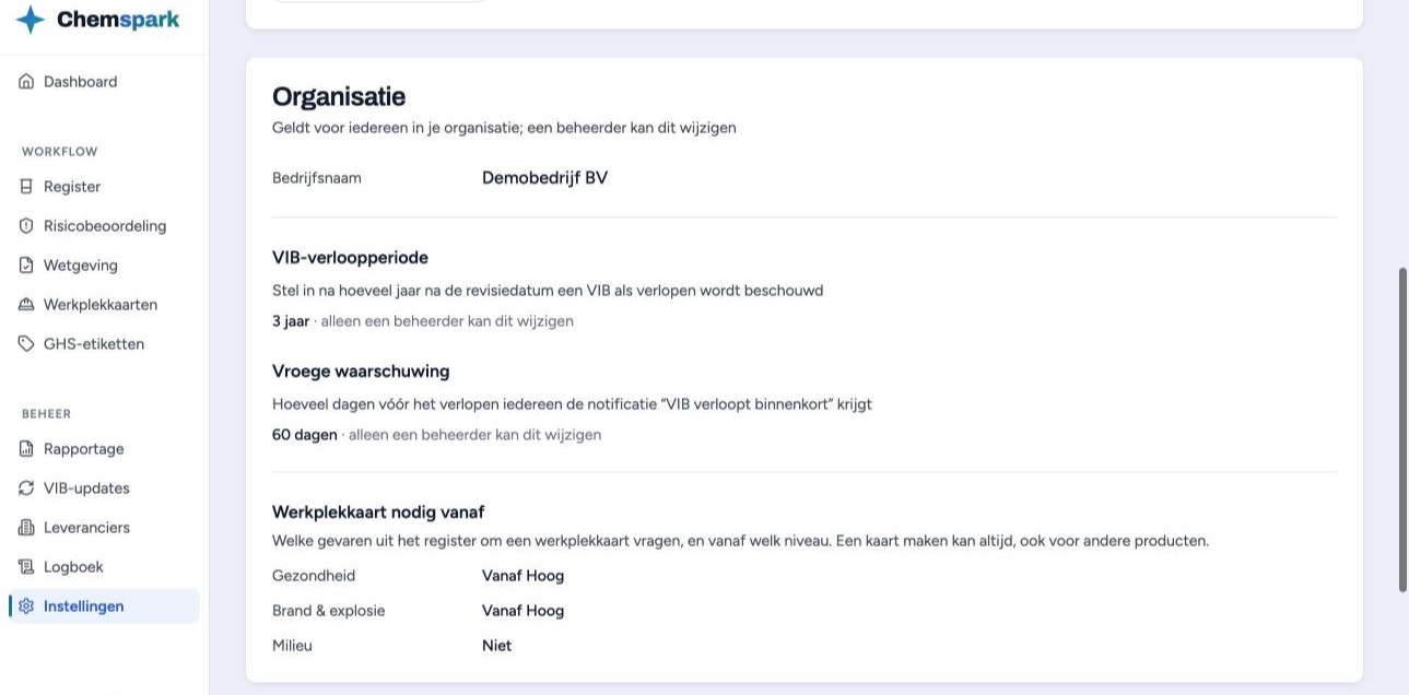 Instellingen, blok Organisatie: VIB-verloopperiode, Vroege waarschuwing en Werkplekkaart nodig vanaf.