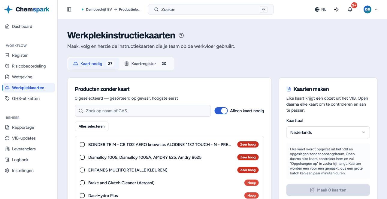 Tabblad Kaart nodig: de producten zonder kaart en rechts het blok Kaarten maken.
