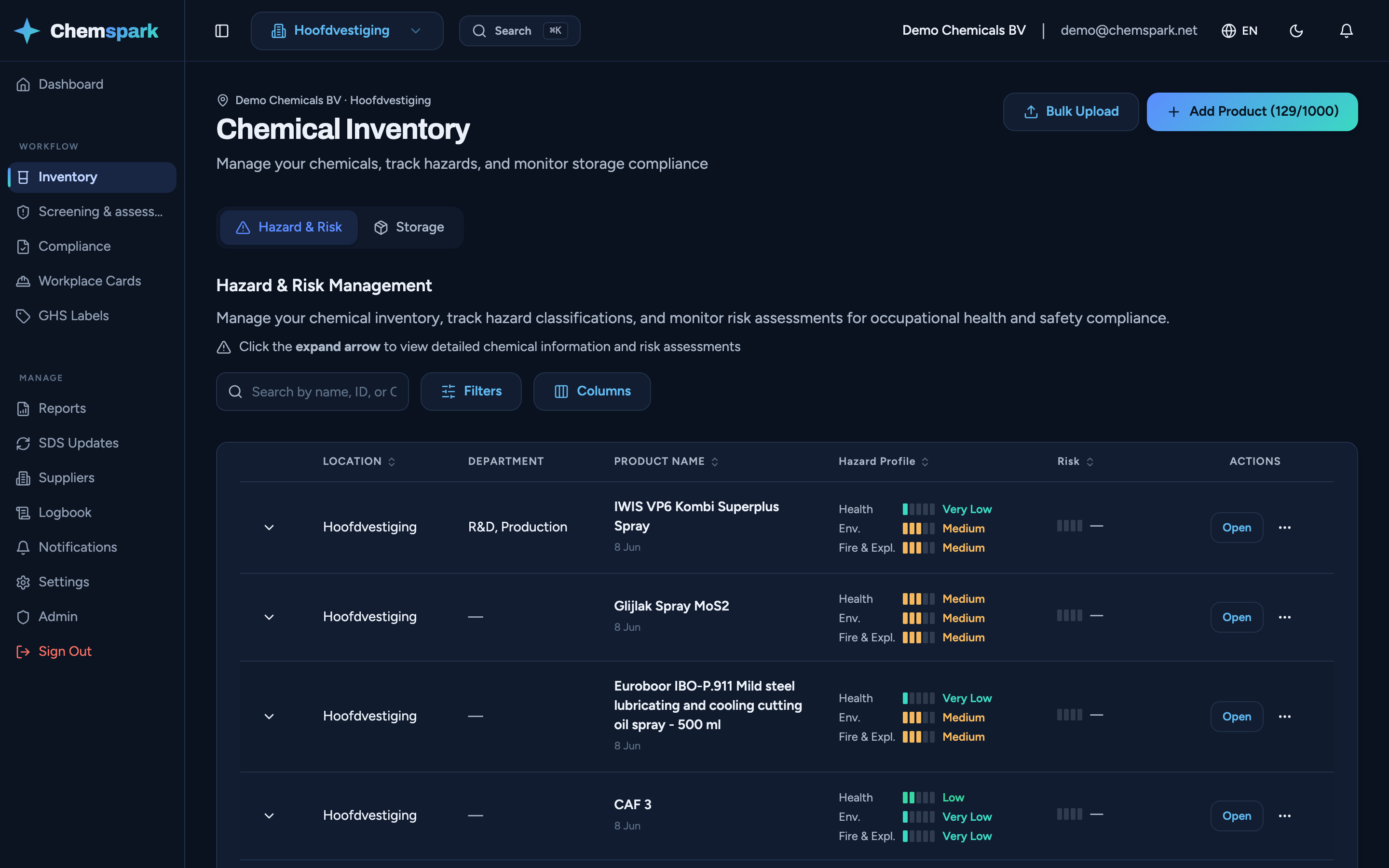 Chemical inventory dashboard preview showing compliance monitoring, SDS management, and hazard risk assessment features