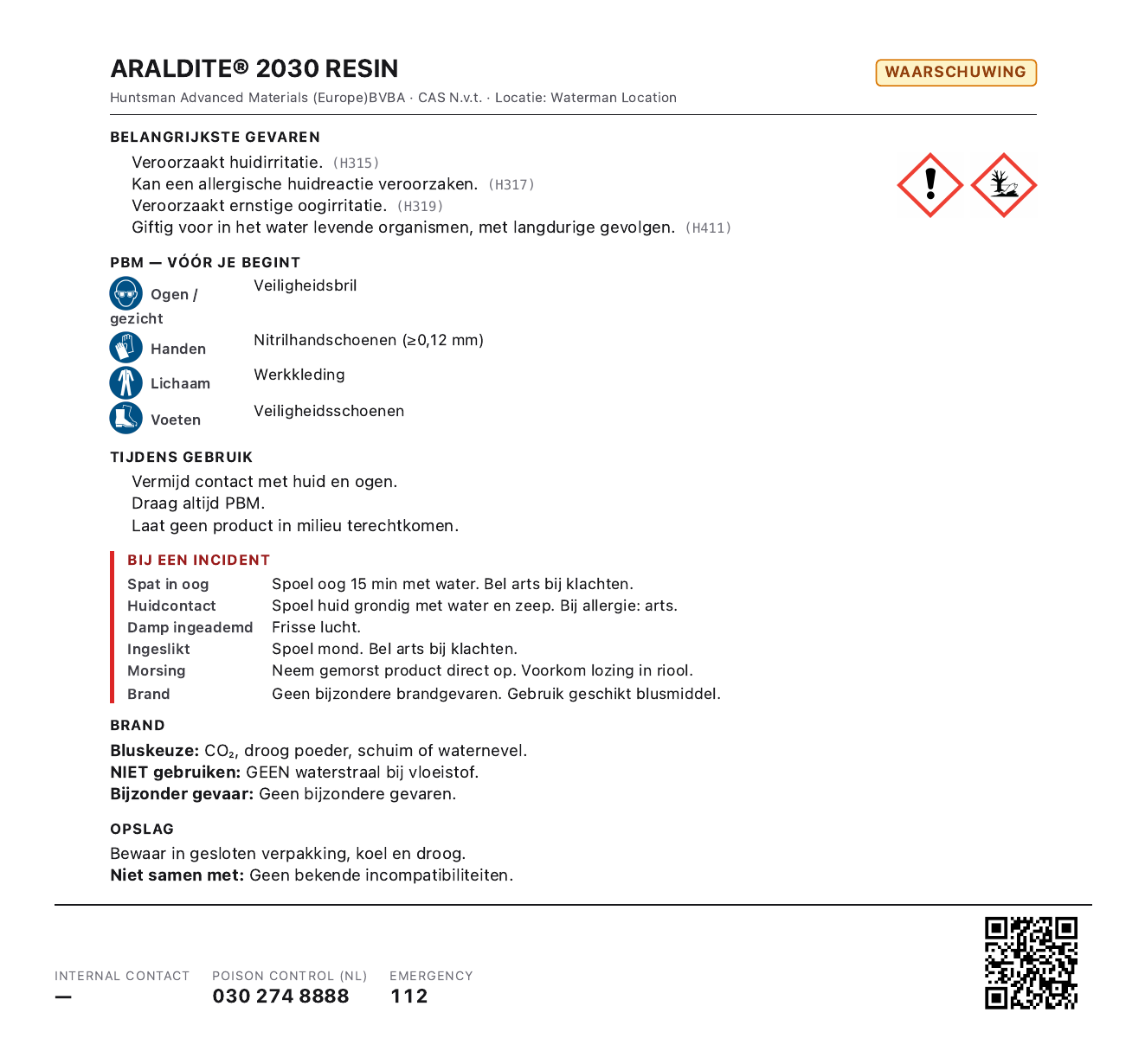 Example workplace instruction card